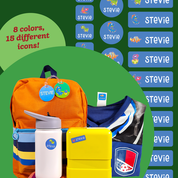 kid's essentials (bag, tumbler, lunch box, and sweater) labeled with InchBug name stickers and bag tags on a green background, with the text "8 colors, 15 different icons!" behind them
