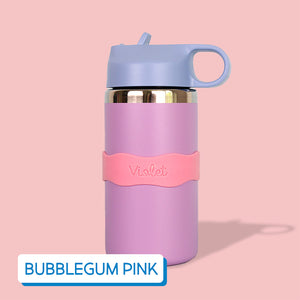 Pink water bottle with a blue lid on a pink background, labeled with InchBug Orbit Labels® Personalized Water Bottle Label - Bubblegum Pink