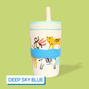 Children's tumbler with animal illustrations and a blue band on a green background, labeled with InchBug Orbit Labels® Personalized Water Bottle Label - 
Deep Sky Blue