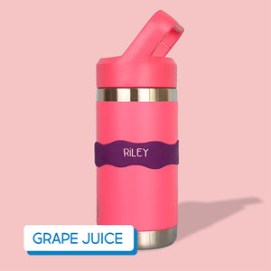 Pink water bottle on a pink background, labeled with InchBug Orbit Labels® Personalized Water Bottle Label - Grape Juice