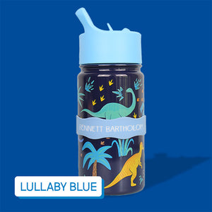 Kid's water bottle with dinosaur design on a blue background, labeled with InchBug Orbit Labels® Personalized Water Bottle Label - Lullaby Blue