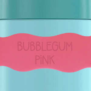 close up of InchBug Orbit Labels® Personalized Water Bottle Label - Bubblegum Pink on a green container