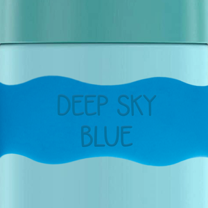 close up of InchBug Orbit Labels® Personalized Water Bottle Label - Deep Sky Blue on a green container