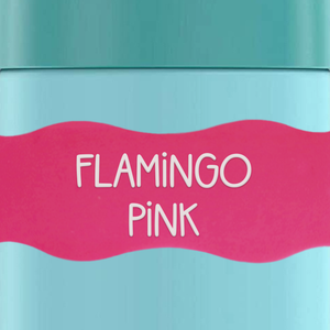 close up of InchBug Orbit Labels® Personalized Water Bottle Label - Flamingo Pink on a green container