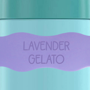 close up of InchBug Orbit Labels® Personalized Water Bottle Label - Lavender Gelato on a green container
