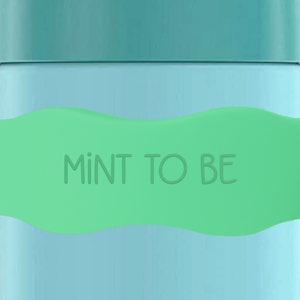 close up of InchBug Orbit Labels® Personalized Water Bottle Label - Mint To Be on a green container
