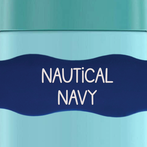 close up of InchBug Orbit Labels® Personalized Water Bottle Label - Nautical Navy on a green container