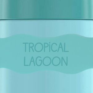 close up of InchBug Orbit Labels® Personalized Water Bottle Label - Tropical Lagoon on a green container
