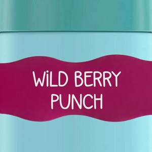 close up of InchBug Orbit Labels® Personalized Water Bottle Label - Wild Berry Punch on a green container
