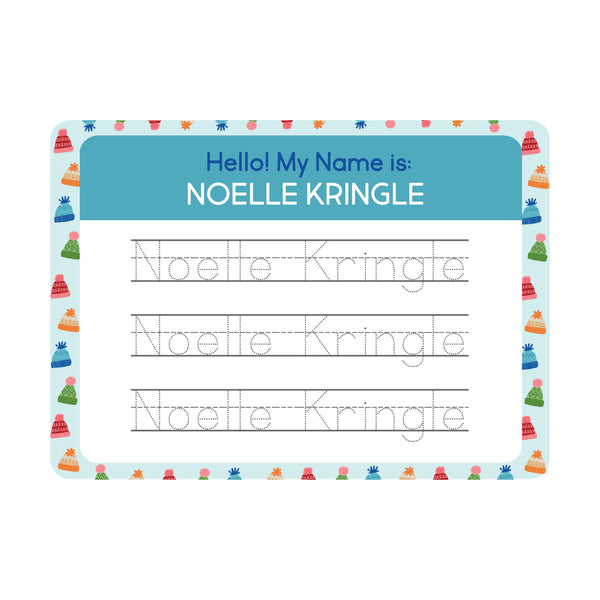 InchBug personalized handwriting board with beanie designs, text reads "NOELLE KRINGLE"