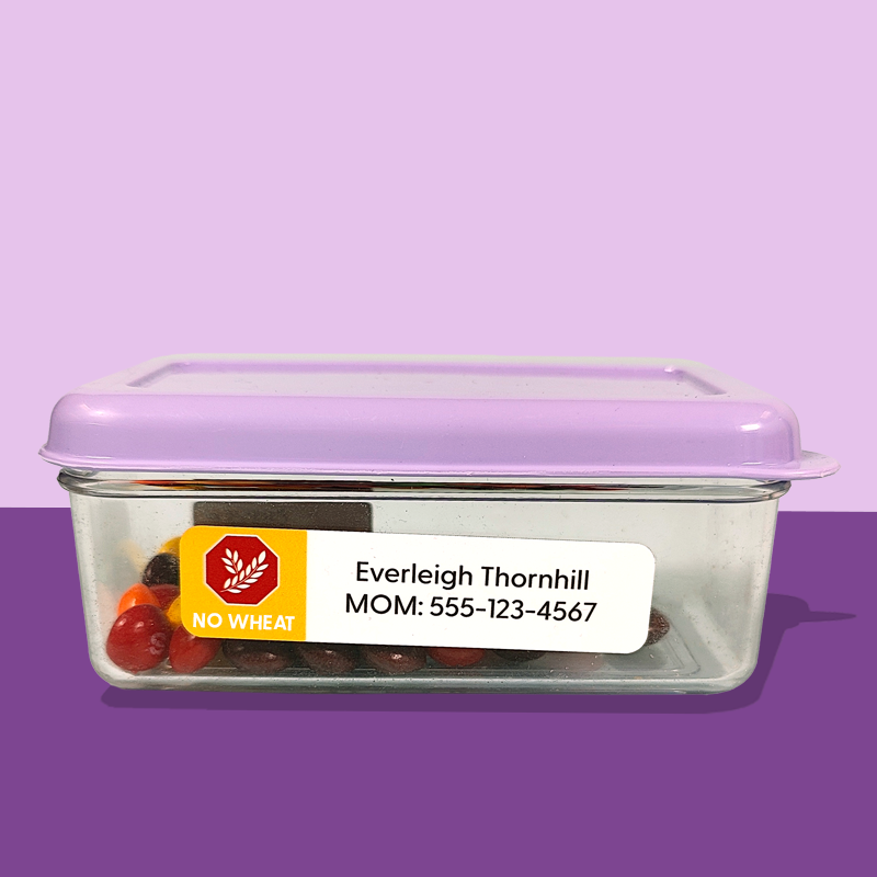 InchBug allergy alert sticker label for kids, with "NO WHEAT" icon, applied on a food container