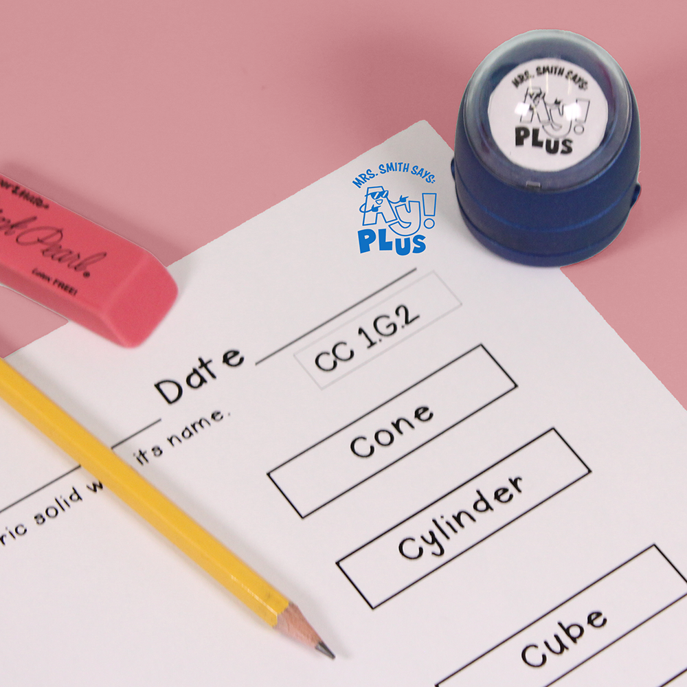 Blue personalized teacher stamp with self-inking base, with a unique design featuring a teacher's name and a phrase 'Ay! Plus'.