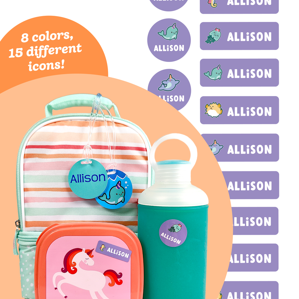 A variety of colorful labels with different designs, attached to a striped lunchbox, a green water bottle, and shown individually with the name 'Allison' printed on them. A text that reads "8 colors, 15 different icons!" can also be found.