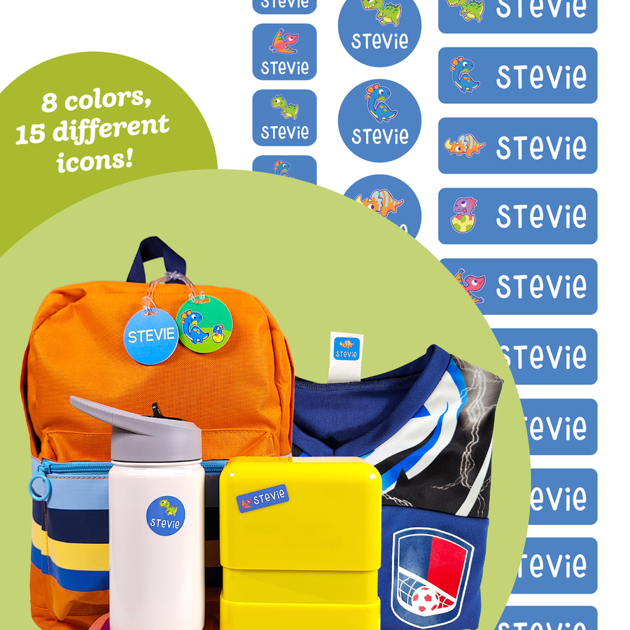 A variety of labeled items including a backpack, lunchbox, water bottle, and clothing, demonstrating the use of colorful labels with different icons. A text also reads, "8 colors, 15 different icons!"