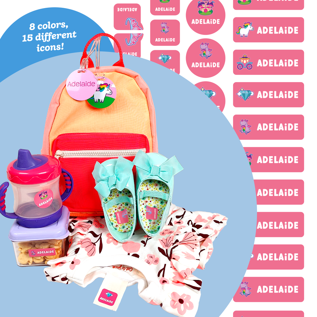 A collection of personalized items including a backpack, water bottle, shoes, and clothing with pink custom name InchBug labels in a combo pack. The items are displayed with a graphic of a smiling character and the name 'Adelaide'.