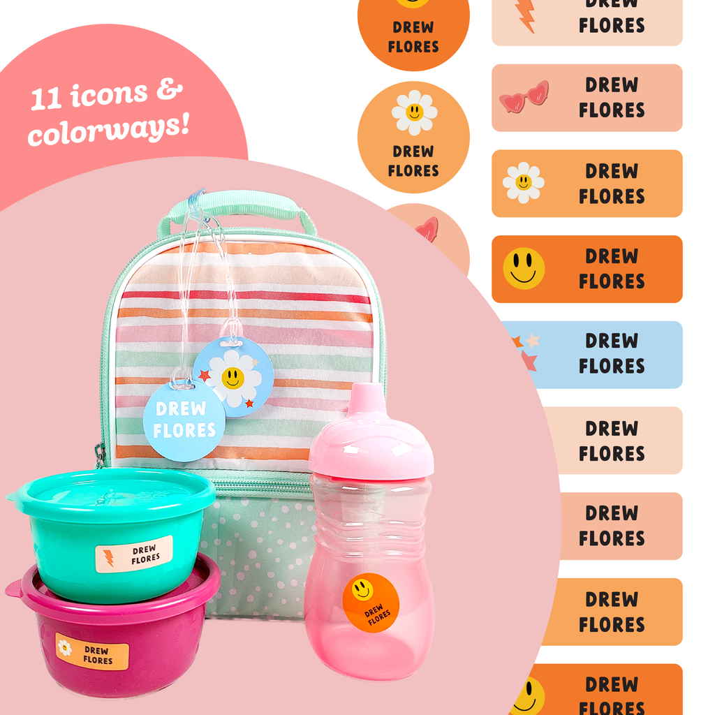 The InchBug Pee Wee Daycare Labels Combo Pack with various labeled items including containers and a backpack, showcasing different colors and designs with the name 'Drew Flores'.