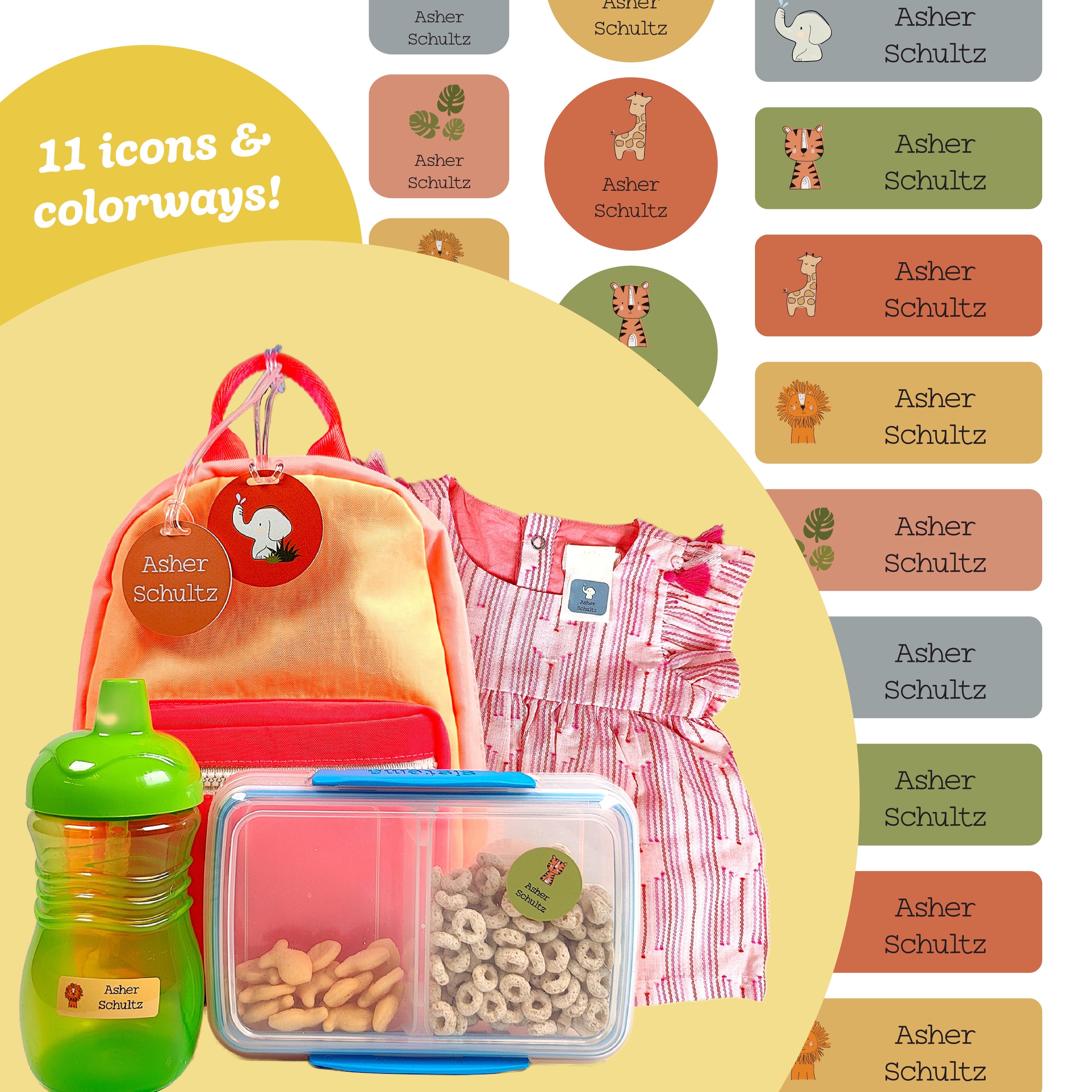 A variety of personalized InchBug labels in different shapes and colors, displayed on various items including a backpack, clothing, and food containers, with text that reads "11 icons & colorways!"