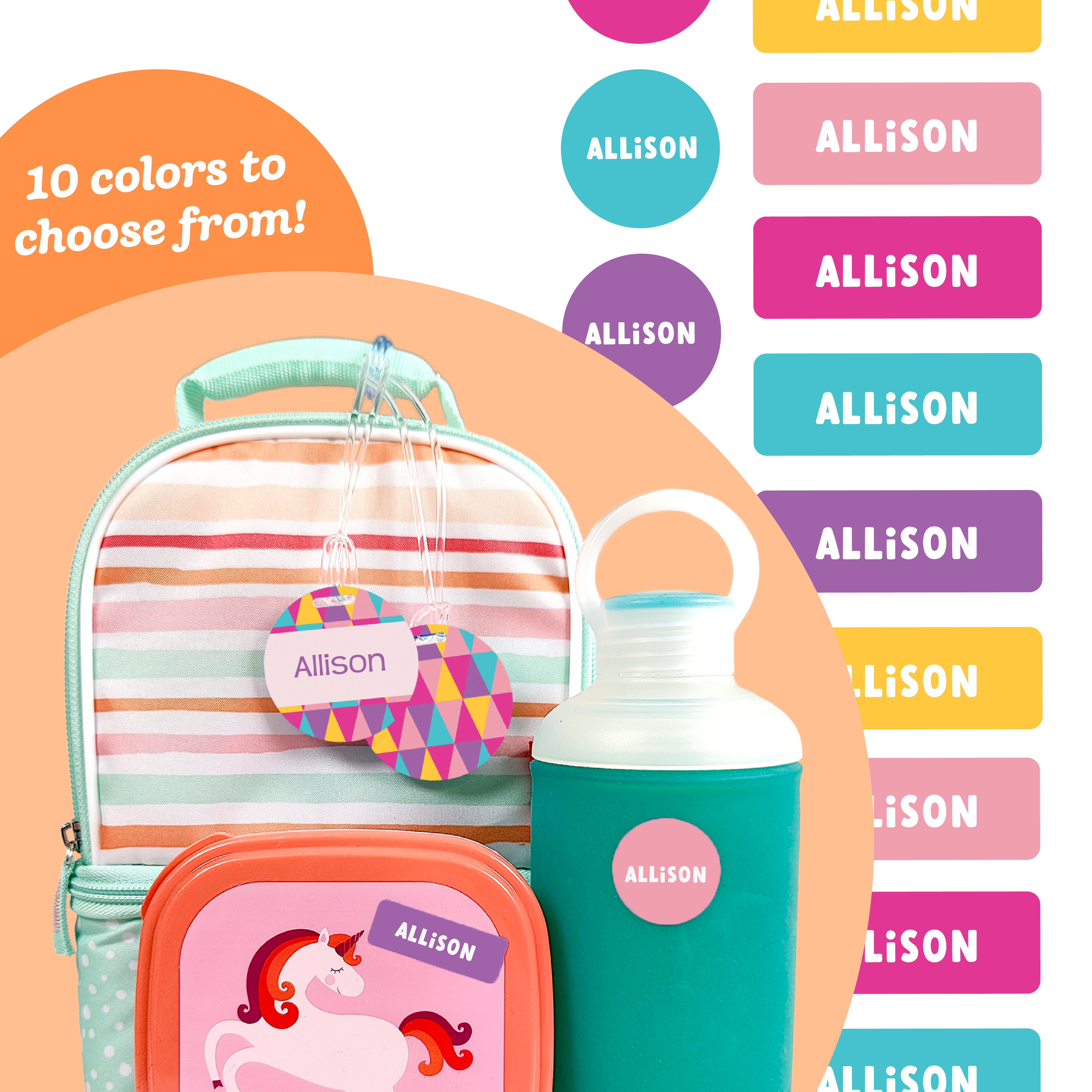 A variety of colorful labels with the name Allison on them, designed for daycare use, displayed on various items including a lunchbox, water bottle, and a backpack.