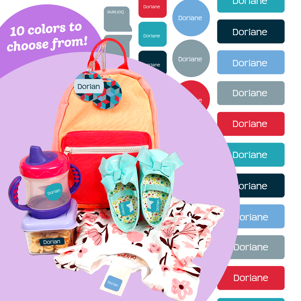 A collection of personalized labels displayed on various items including a red and pink backpack, blue and green shoes, a sippy cup, and a pair of jeans. The labels show various colors and an example name 'Dorian'.
