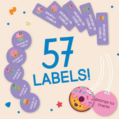 inclusions of the InchBug Pee Wee Daycare Labels Combo Pack - Preset with text that reads "57 LABELS!" found in the middle