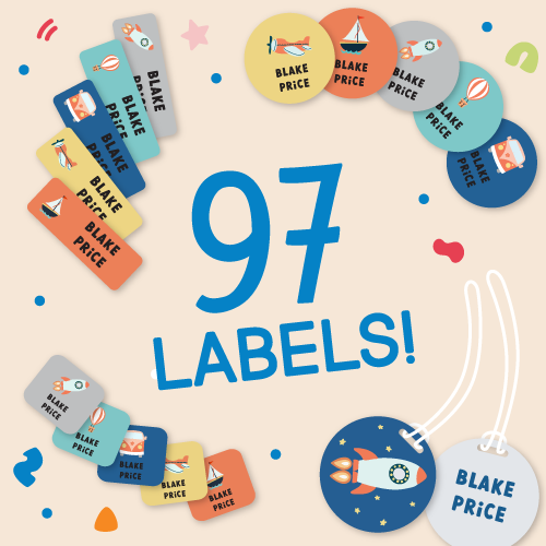 InchBug Big Bundle Daycare Labels Combo Pack - Preset inclusions, with text that reads "97 LABELS!" in the middle