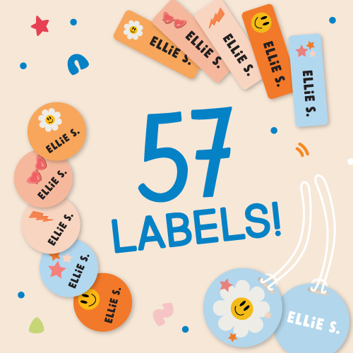 inclusions of the InchBug Pee Wee Daycare Labels Combo Pack - Preset, with a text that reads "57 LABELS!"