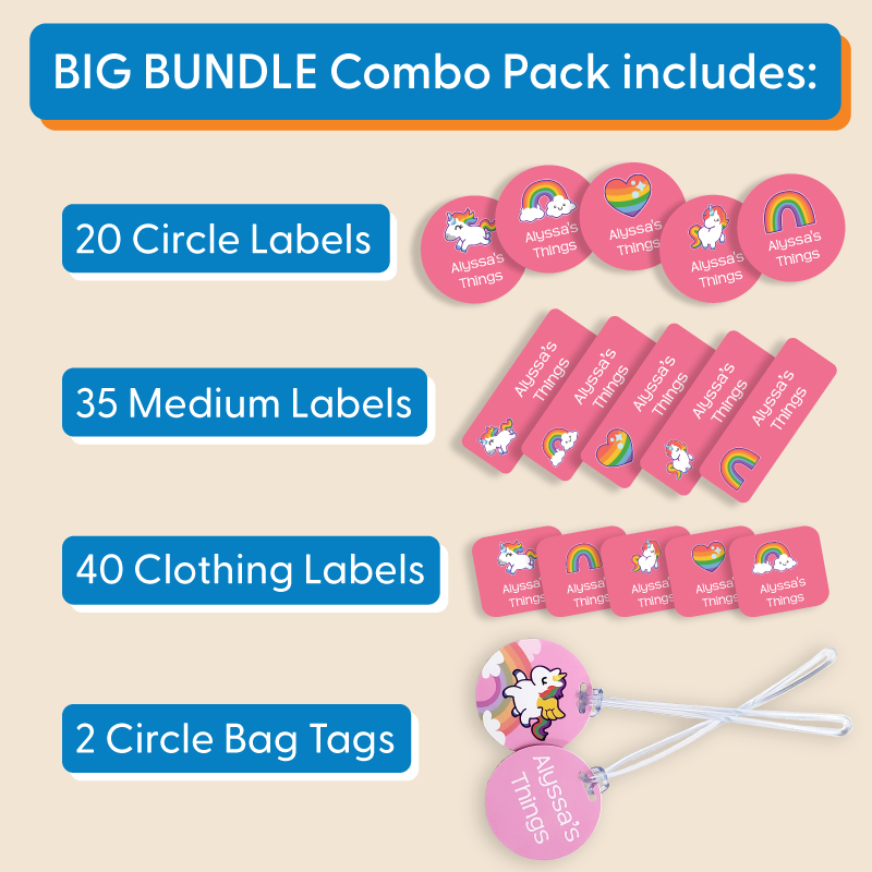 a graphic showing the inclusions of the InchBug BIG BUNDLE Combo Pack: 20 circle labels, 35 medium labels, 40 clothing labels, 2 circle bag tags