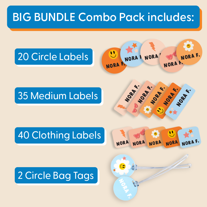 graphic listing the inclusions of the InchBug Big Bundle Daycare Labels Combo Pack - Preset: 20 circle labels, 35 medium labels, 40 clothing labels, 2 circle bag tags