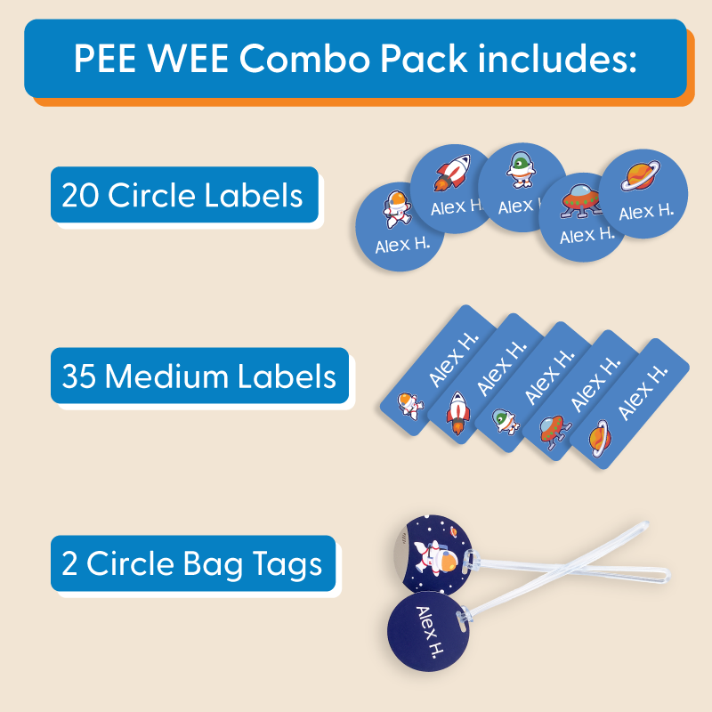 graphic listing the inclusions of the PEE WEE combo pack: 20 circle labels, 35 medium labels, and 2 circle bag tags