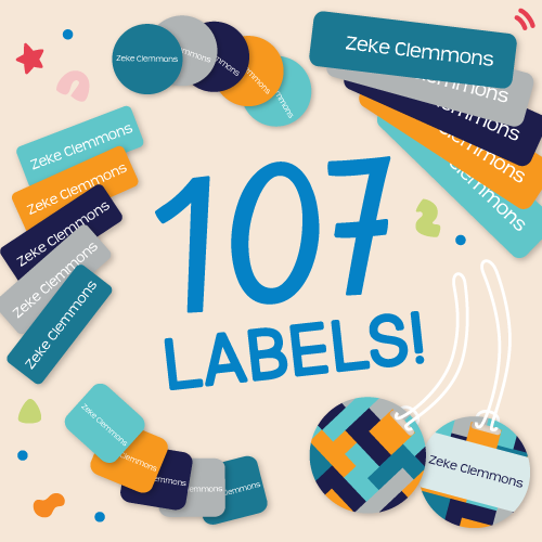 InchBug's Back To School Combo Pack, a complete set of personalized name labels for school waterproof, text reads "107 LABELS!"