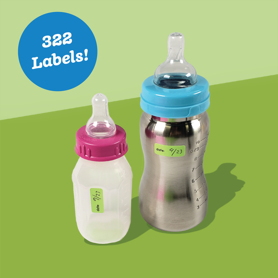 Two baby bottles with InchBug Date Stickies on them, one with a pink cap and one with a blue cap, on a green background with a text overlay stating '322 Labels!'.