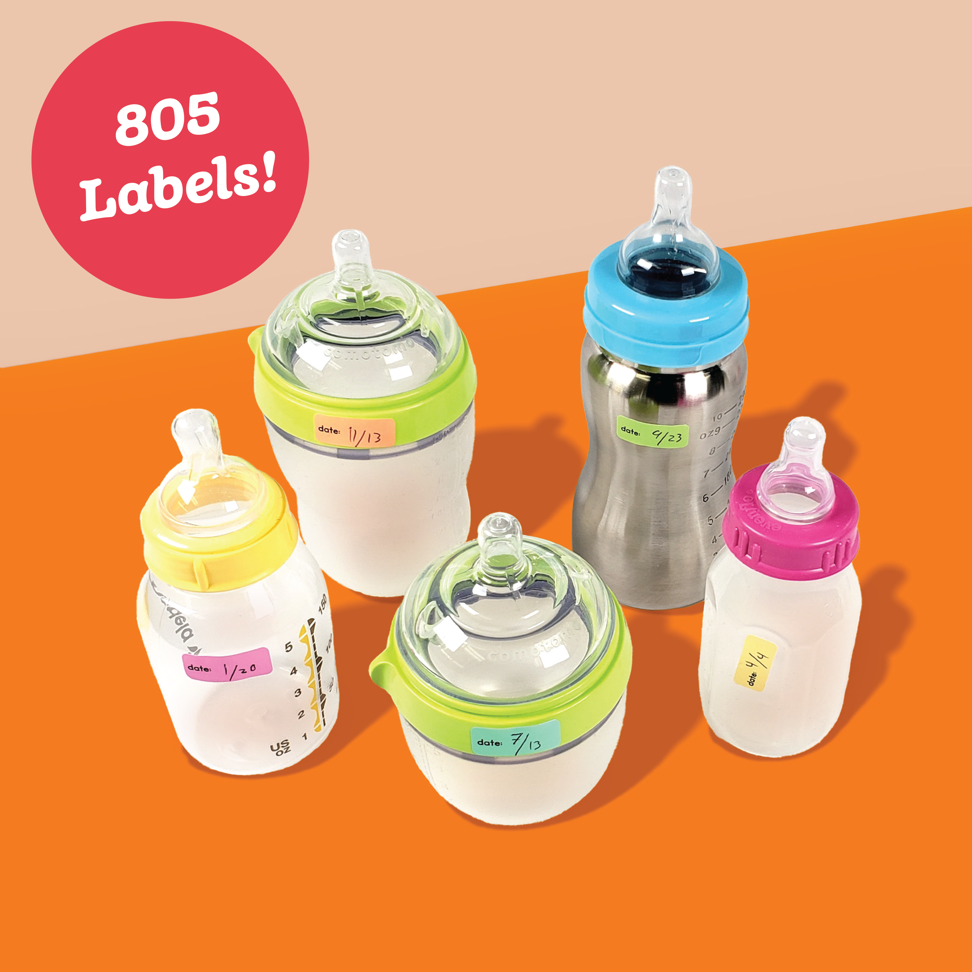 A collection of baby bottles with colorful InchBug Date Stickies attached, displayed on a two-tone background with a promotional text overlay stating '805 Labels!'.