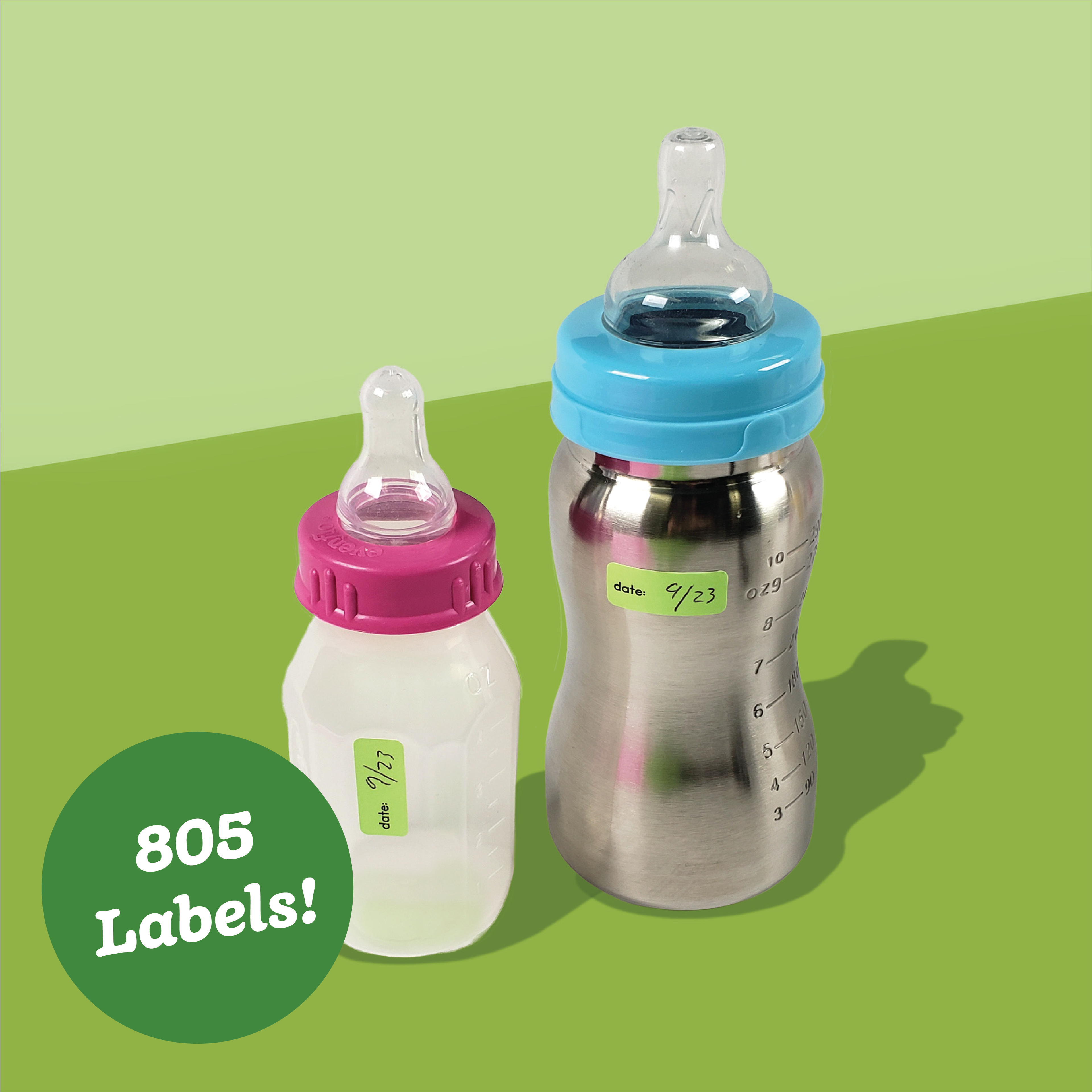 A collection of baby bottles and jars with green InchBug Date Stickies labels attached, displayed on a two-tone green background with a promotional text overlay stating '805 Labels!'.