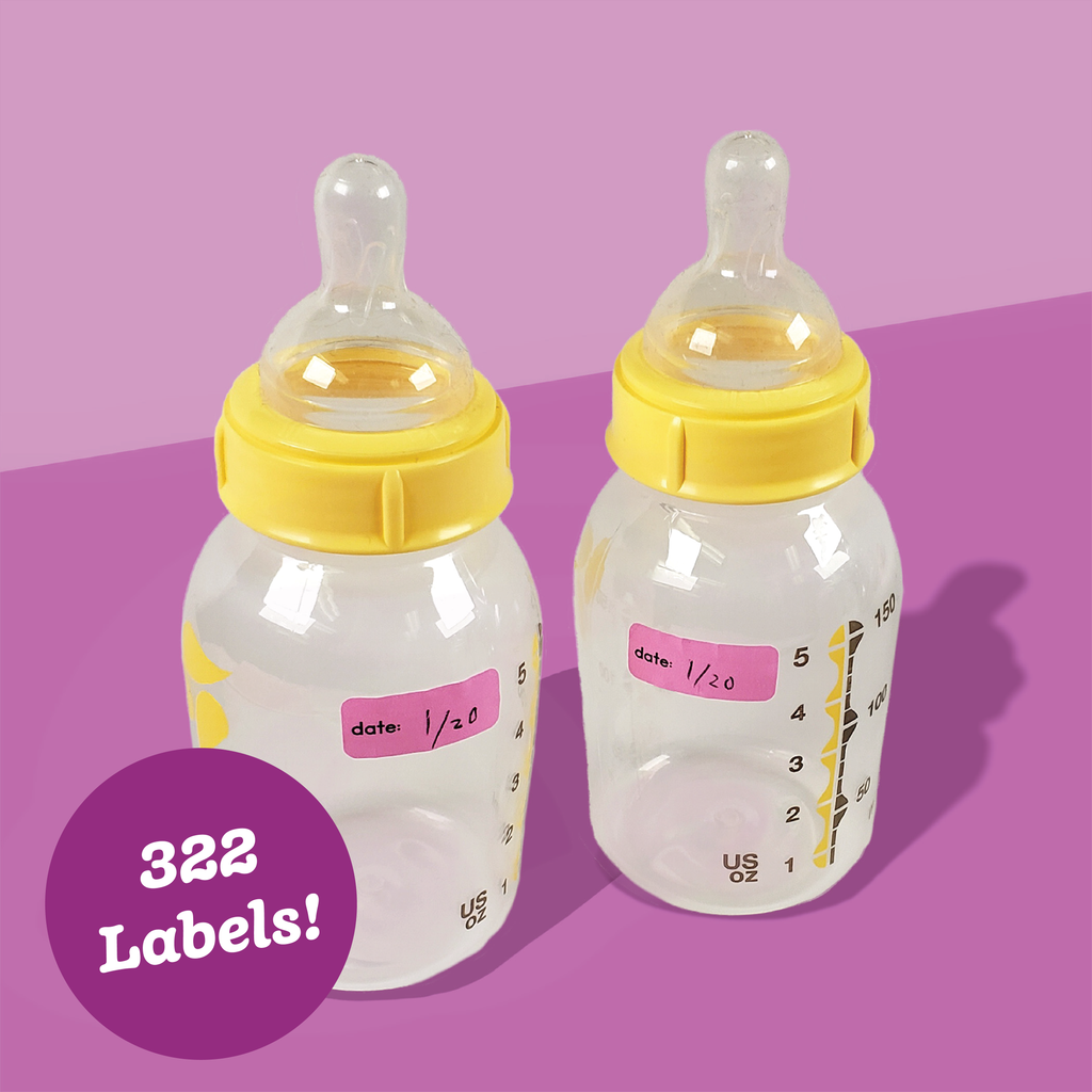 Two yellow baby bottles with Date Stickies on them, one with a pink cap and one with a blue cap, on a pink background with a text overlay stating '322 Labels!'.