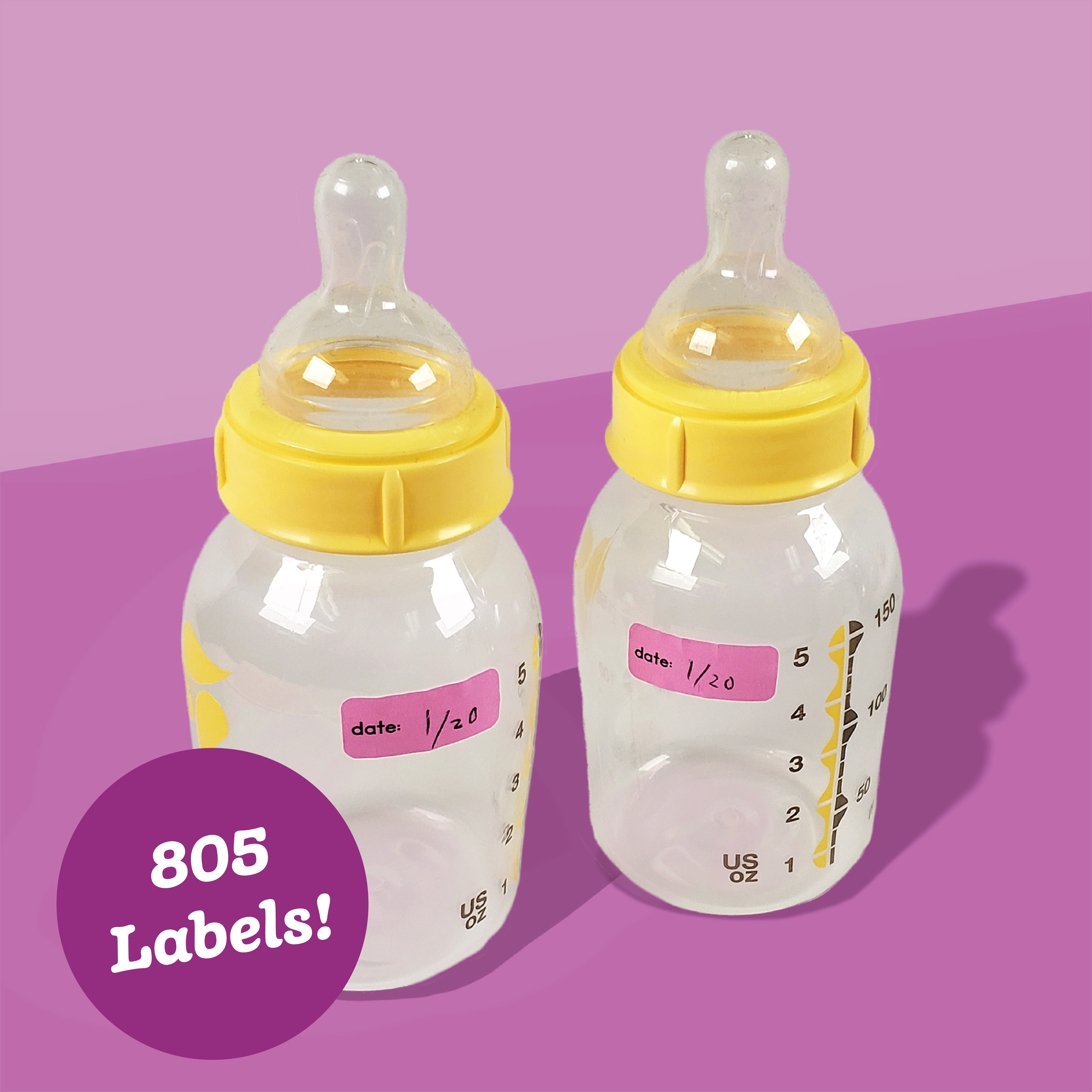 Two yellow-capped baby bottles with colorful labels attached, displayed on a two-tone pink background with a promotional text overlay stating '805 Labels!'.
