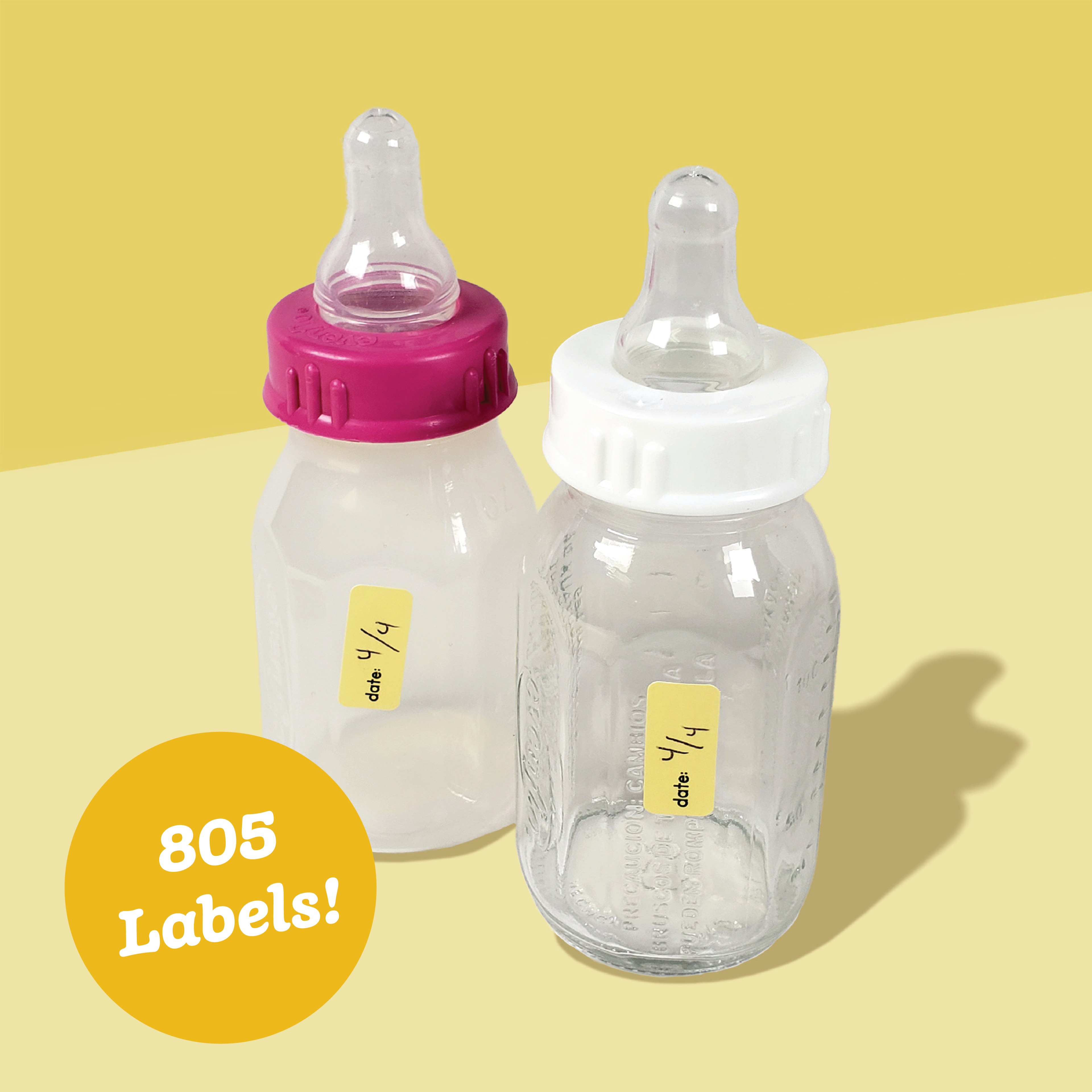 A collection of baby bottles with yellow InchBug Date Stickies labels attached, displayed on a two-tone background with a promotional text overlay stating '805 Labels!'.
