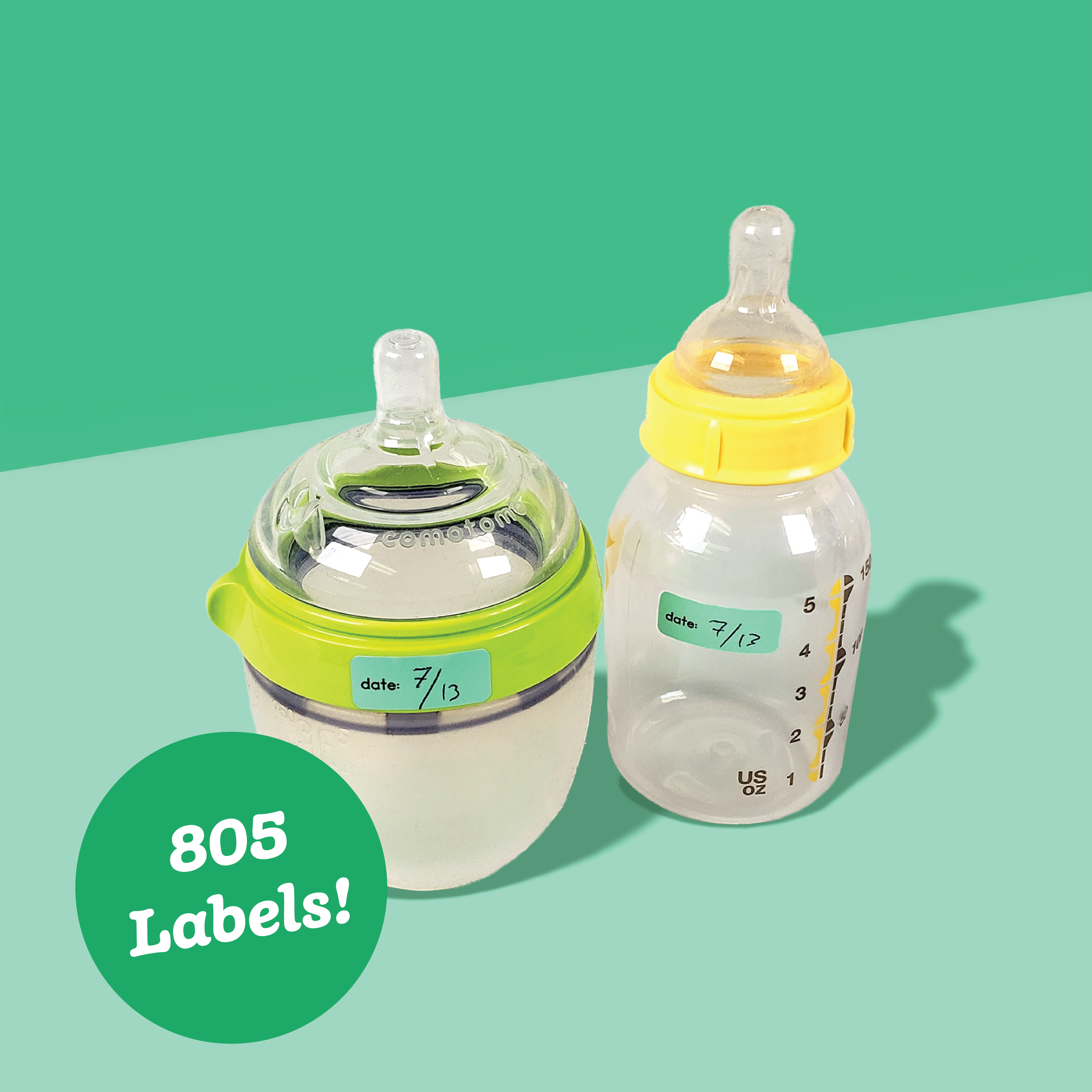 Two baby bottles and jars with green InchBug Date Stickies labels attached, displayed on a green two-tone background with a promotional text overlay stating '805 Labels!'.