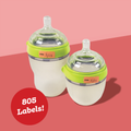 2 green-lidded baby bottles and jars with colorful labels attached, displayed on a red two-tone background with a promotional text overlay stating '805 Labels!'.