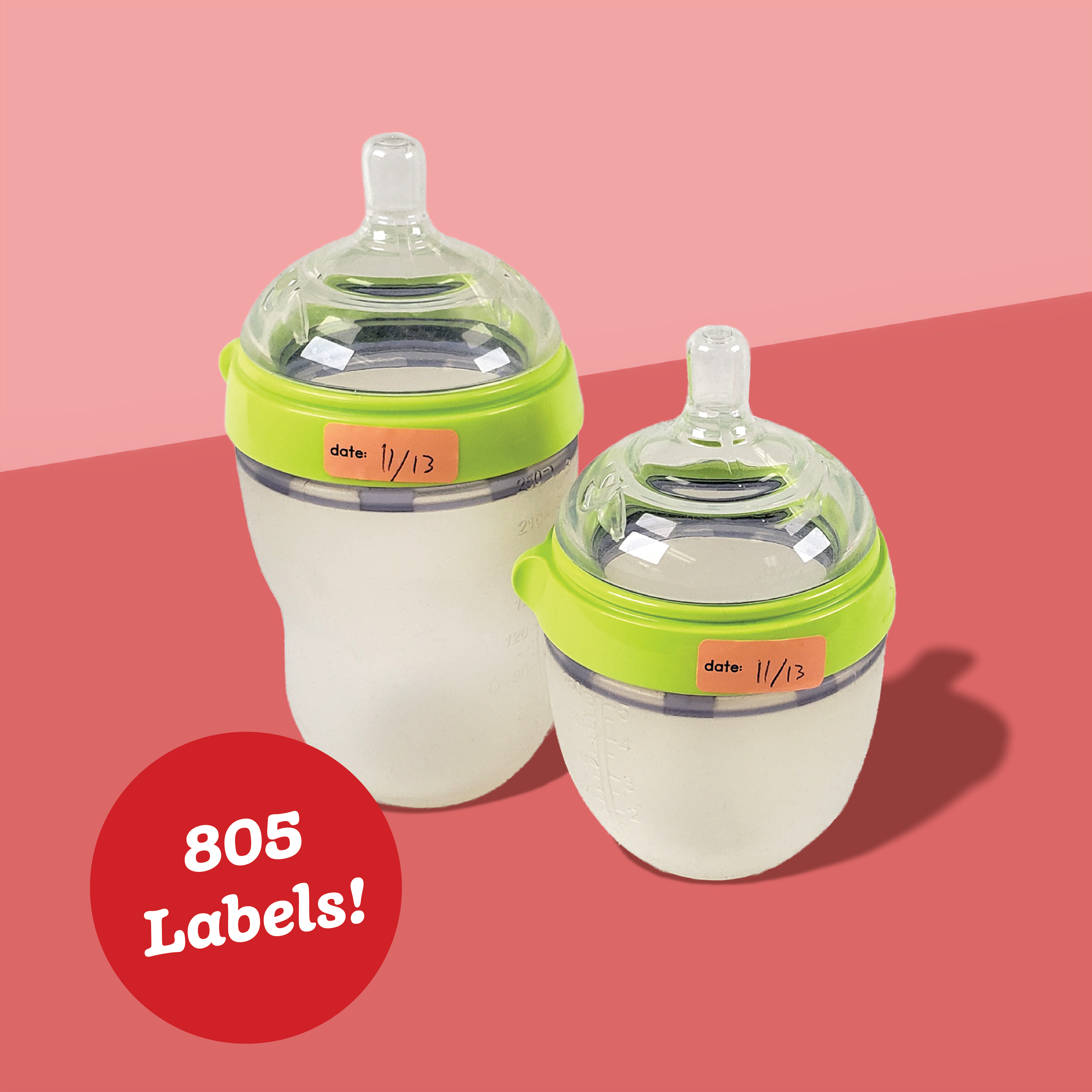 2 green-lidded baby bottles and jars with colorful labels attached, displayed on a red two-tone background with a promotional text overlay stating '805 Labels!'.