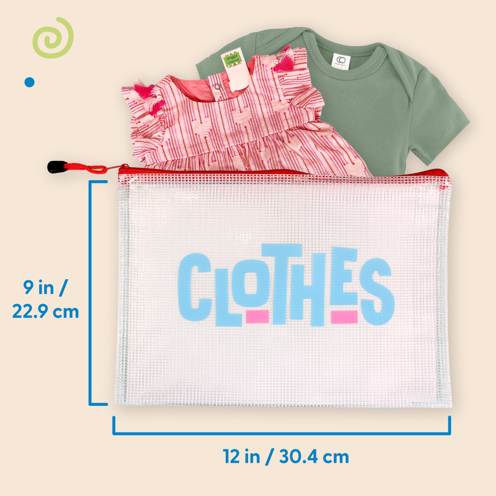graphics showing the dimensions of the InchBug Diaper Bag Organizer labeled "CLOTHES" and with clothes behind it, placed on a beige background