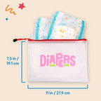 graphics showing the dimensions of the InchBug Diaper Bag Organizer labeled "DIAPERS" and with diapers behind it, placed on a beige background