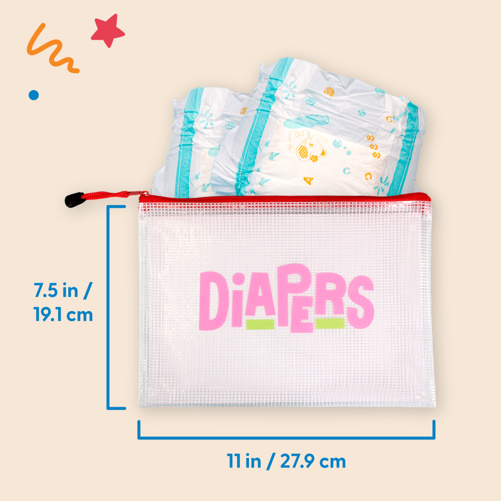 graphics showing the dimensions of the InchBug Diaper Bag Organizer labeled "DIAPERS" and with diapers behind it, placed on a beige background