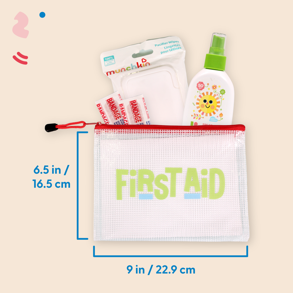 graphics showing the dimensions of the InchBug Diaper Bag Organizer labeled "DIAPERS" and with first aid essentials behind it, placed on a beige background