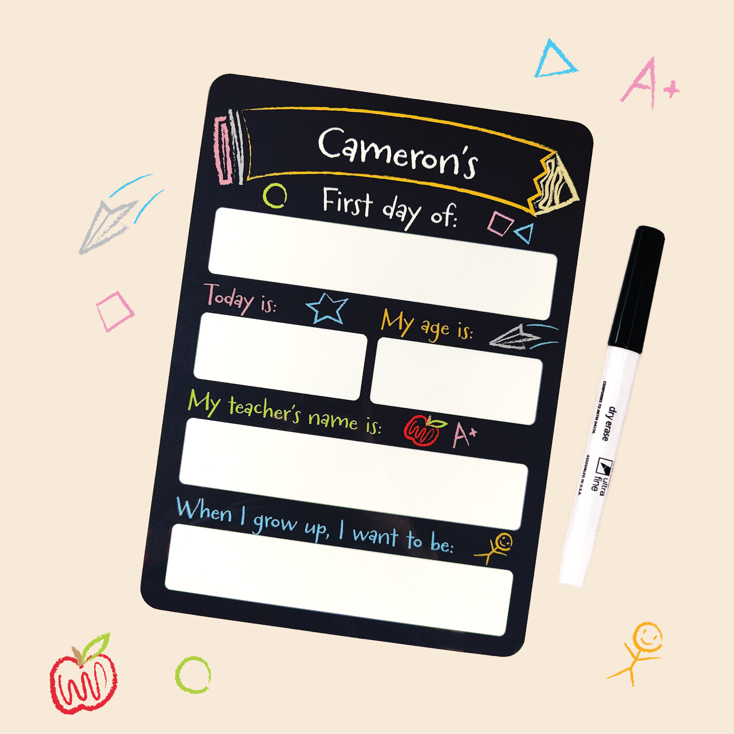 a personalized first day of school board for Cameron, unfilled