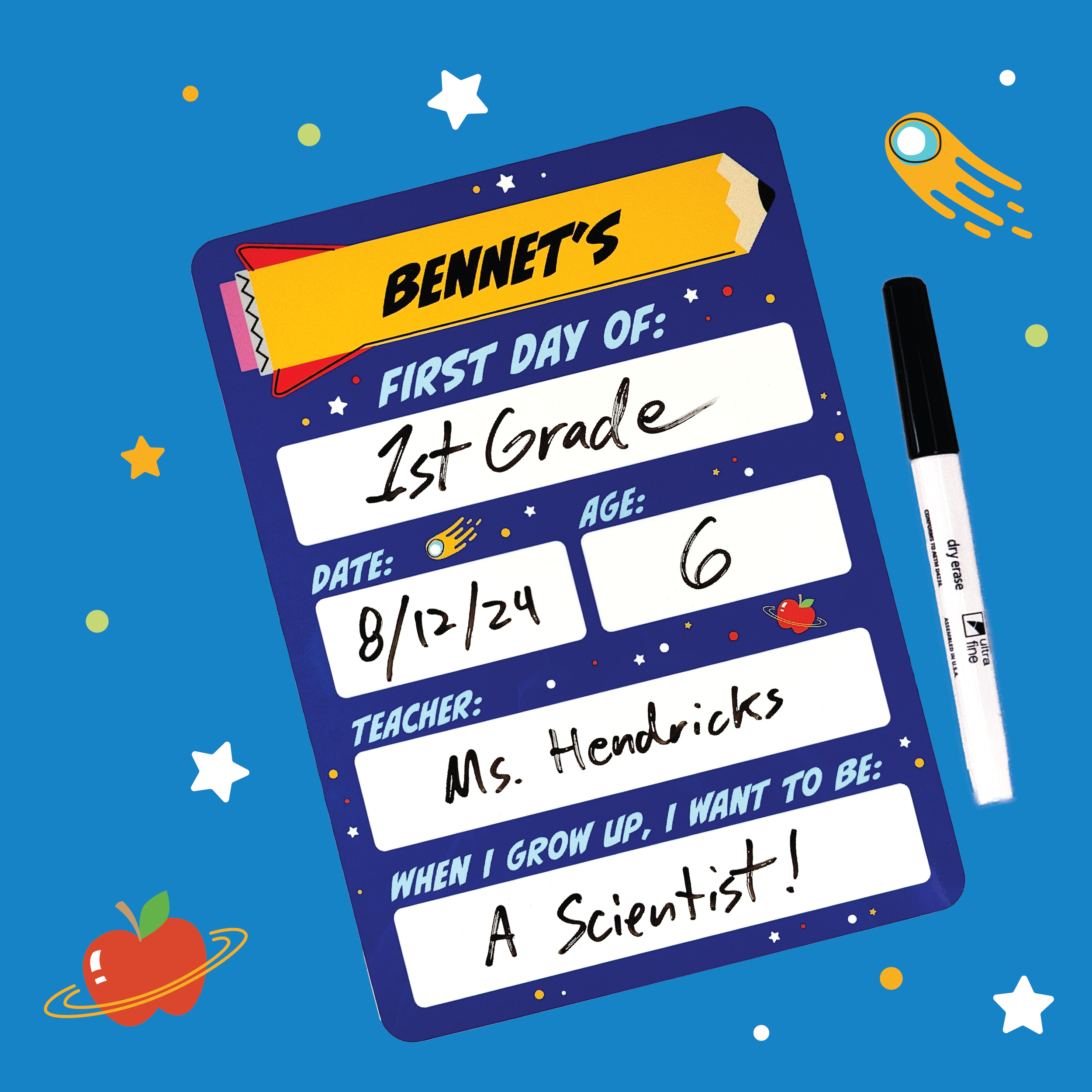 Bennet's science-themed personalized first day of school board