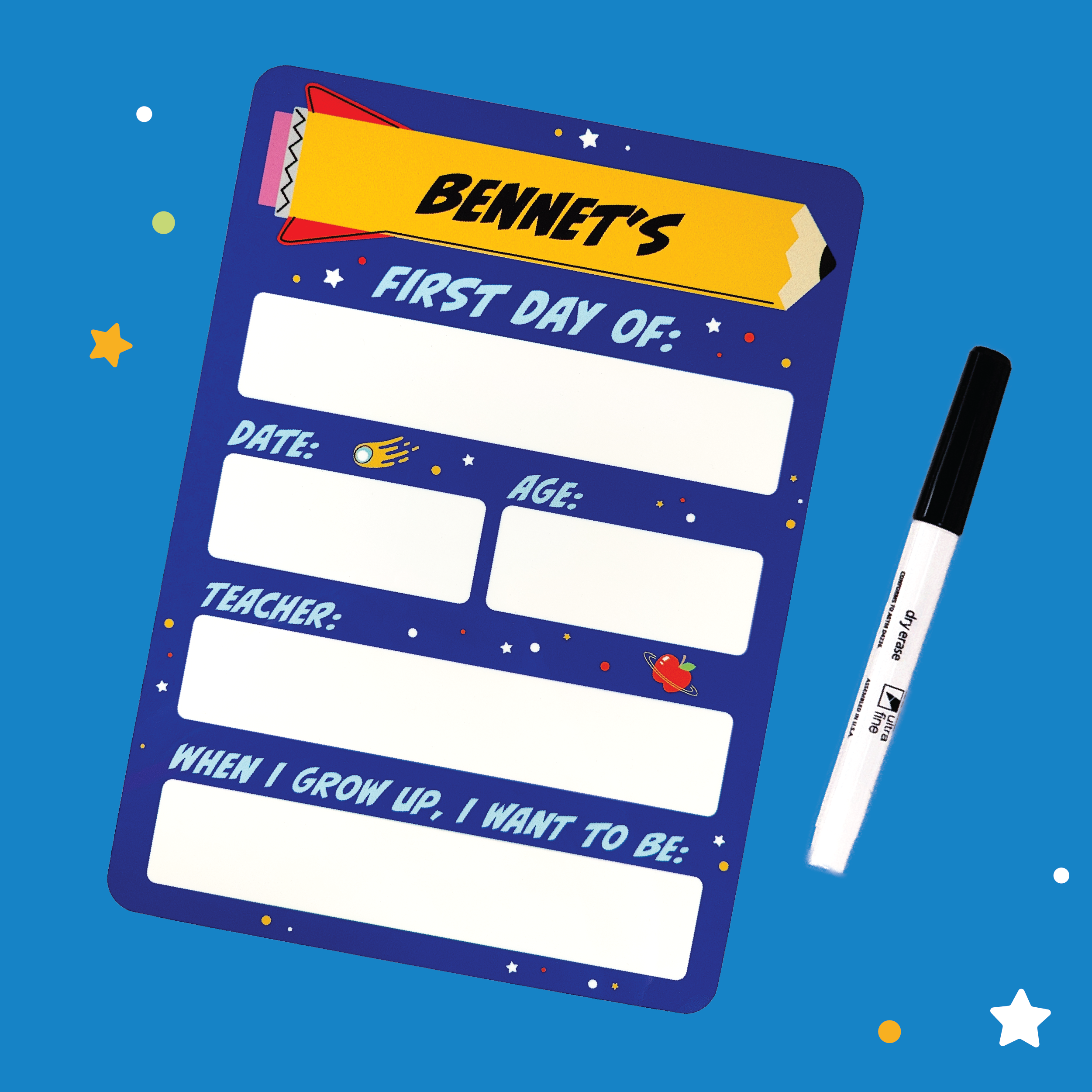 Bennet's science-themed personalized first day of school board, unfilled