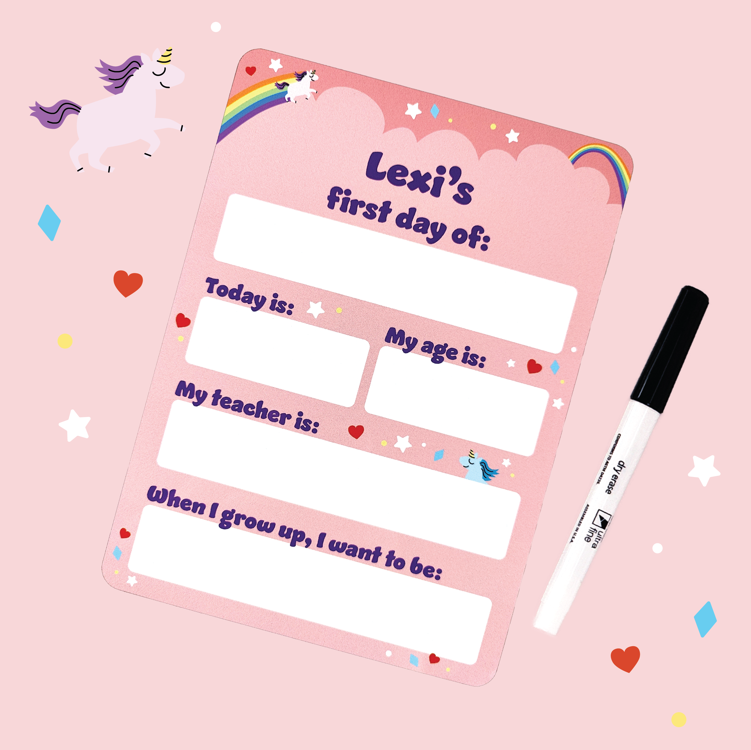 Lexi's fairy tale-themed personalized first day of school board, unfilled