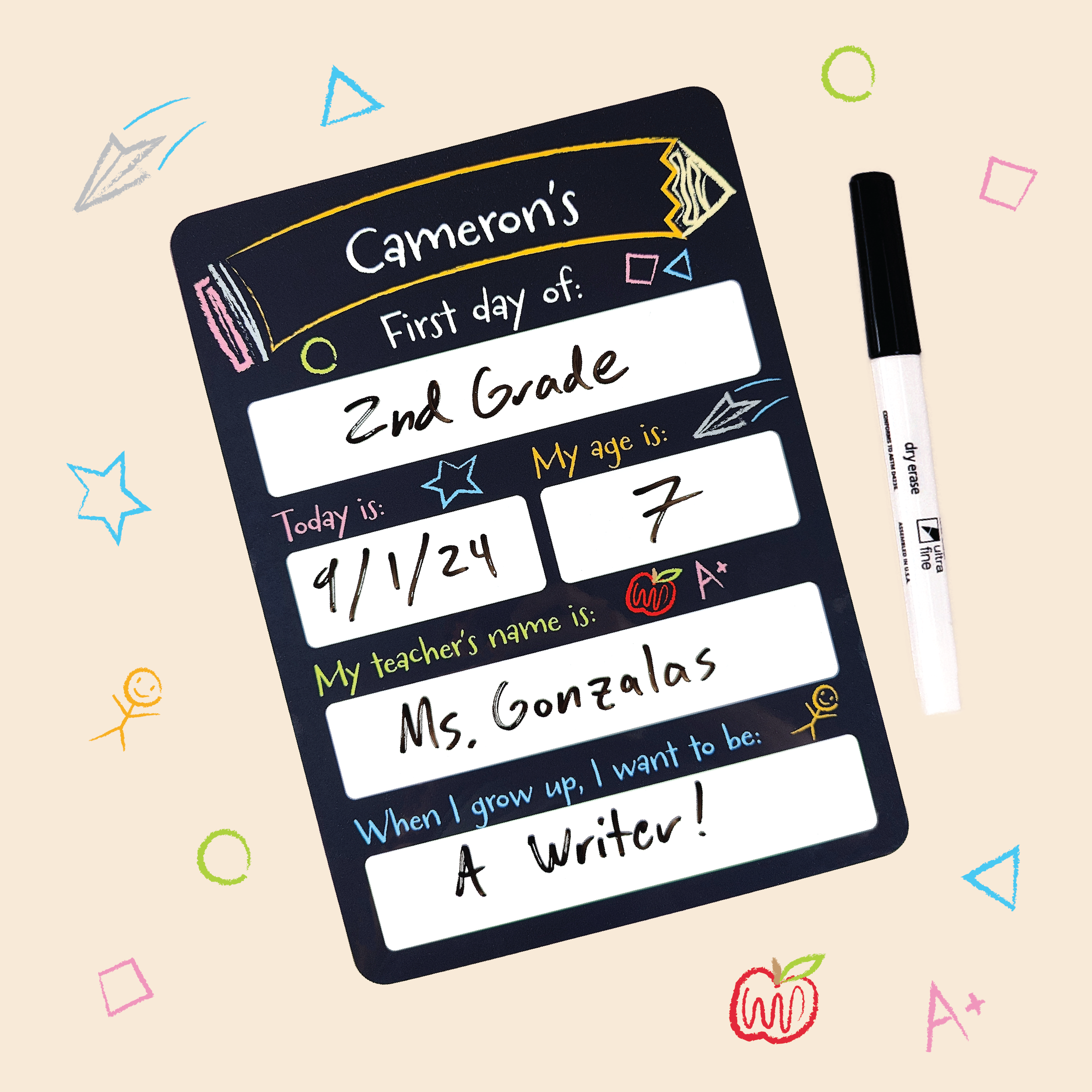 a personalized first day of school board with Cameron and other information written on it