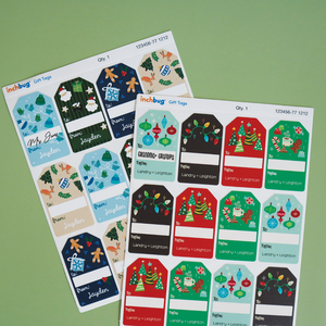 InchBug personalized holiday gift tags product images against a green background