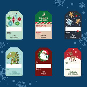 6 different designs of InchBug holiday gift tags against a blue background with snowflake prints